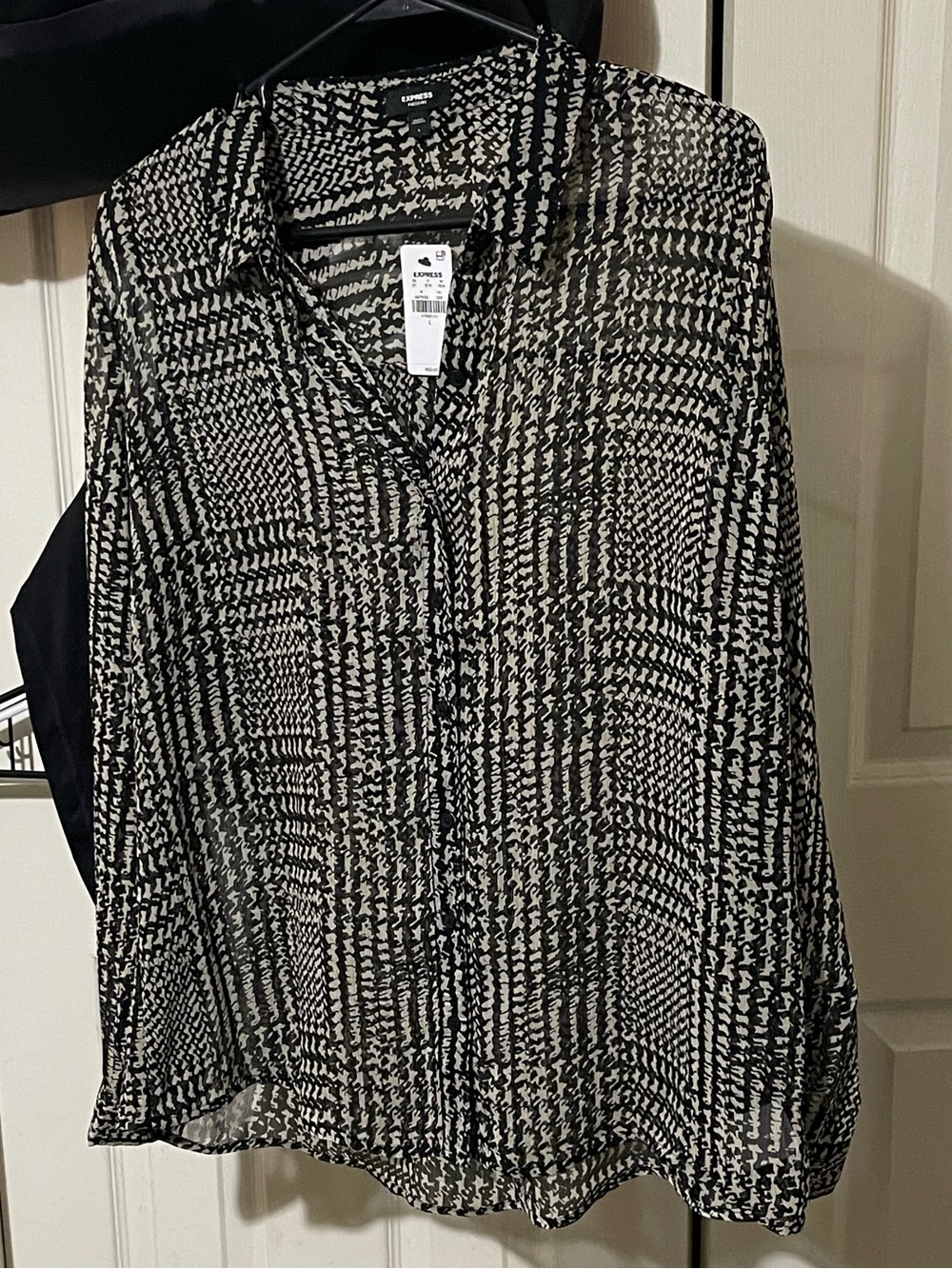 Express Black and Ivory Geometric Button-Down Blouse